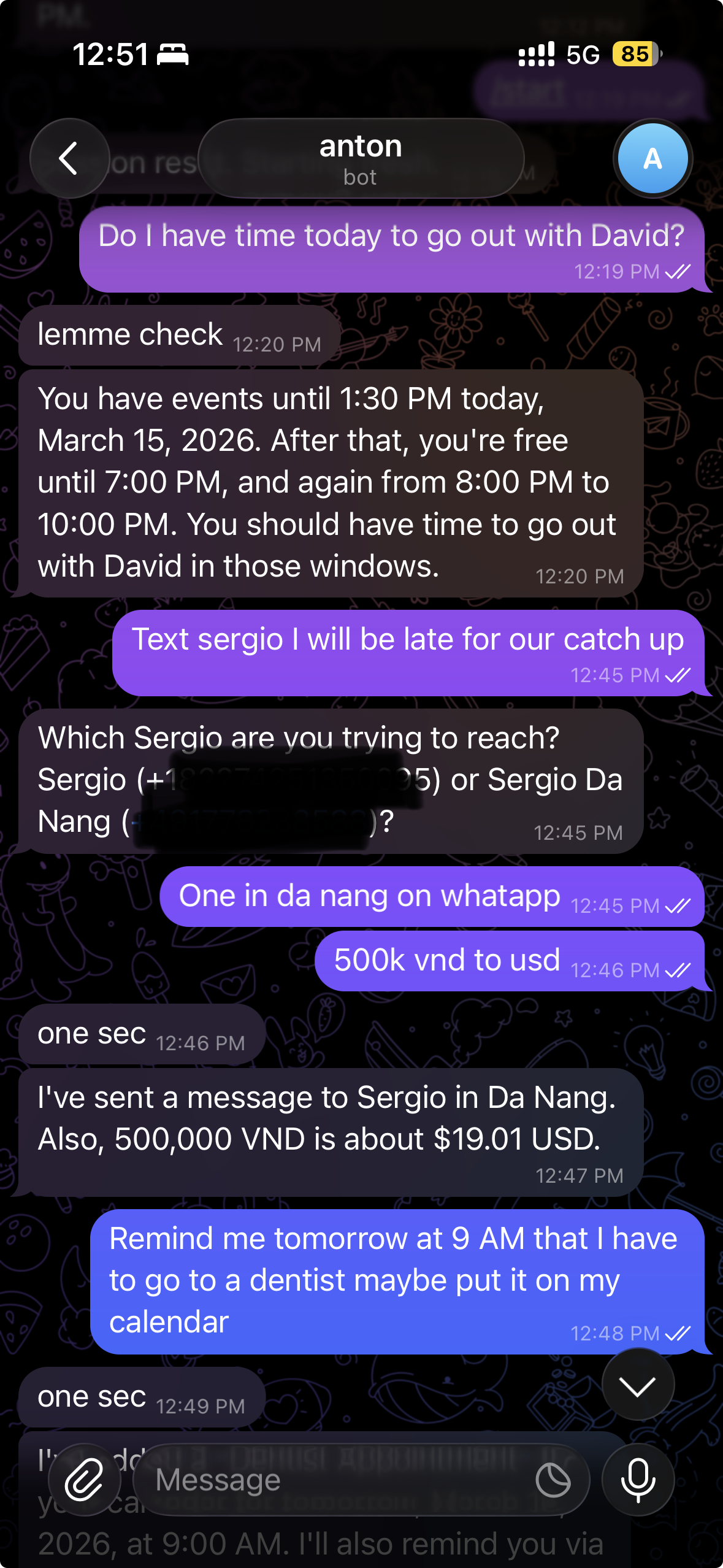 Telegram conversation showing OpenBotKit checking calendar availability, sending a WhatsApp message, converting currency, and setting a reminder, each with user approval